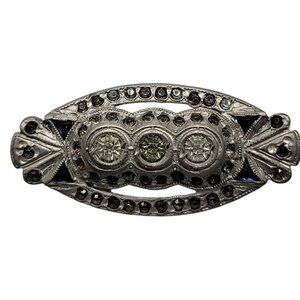 Vintage Pot Metal Paste Brooch Oval Colorless & Blue Glass Stones Silver Plated